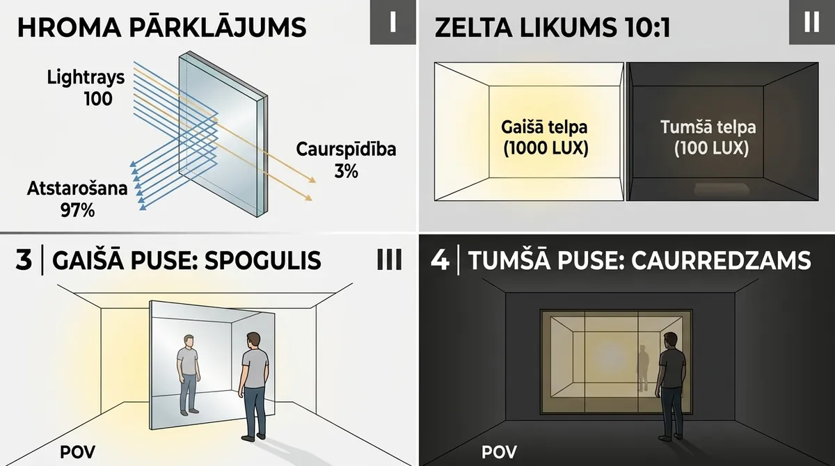 Infografika: kā darbojas divvirzienu spogulis - hroma pārklājums, zelta likums 10:1, skats no gaišās un tumšās puses